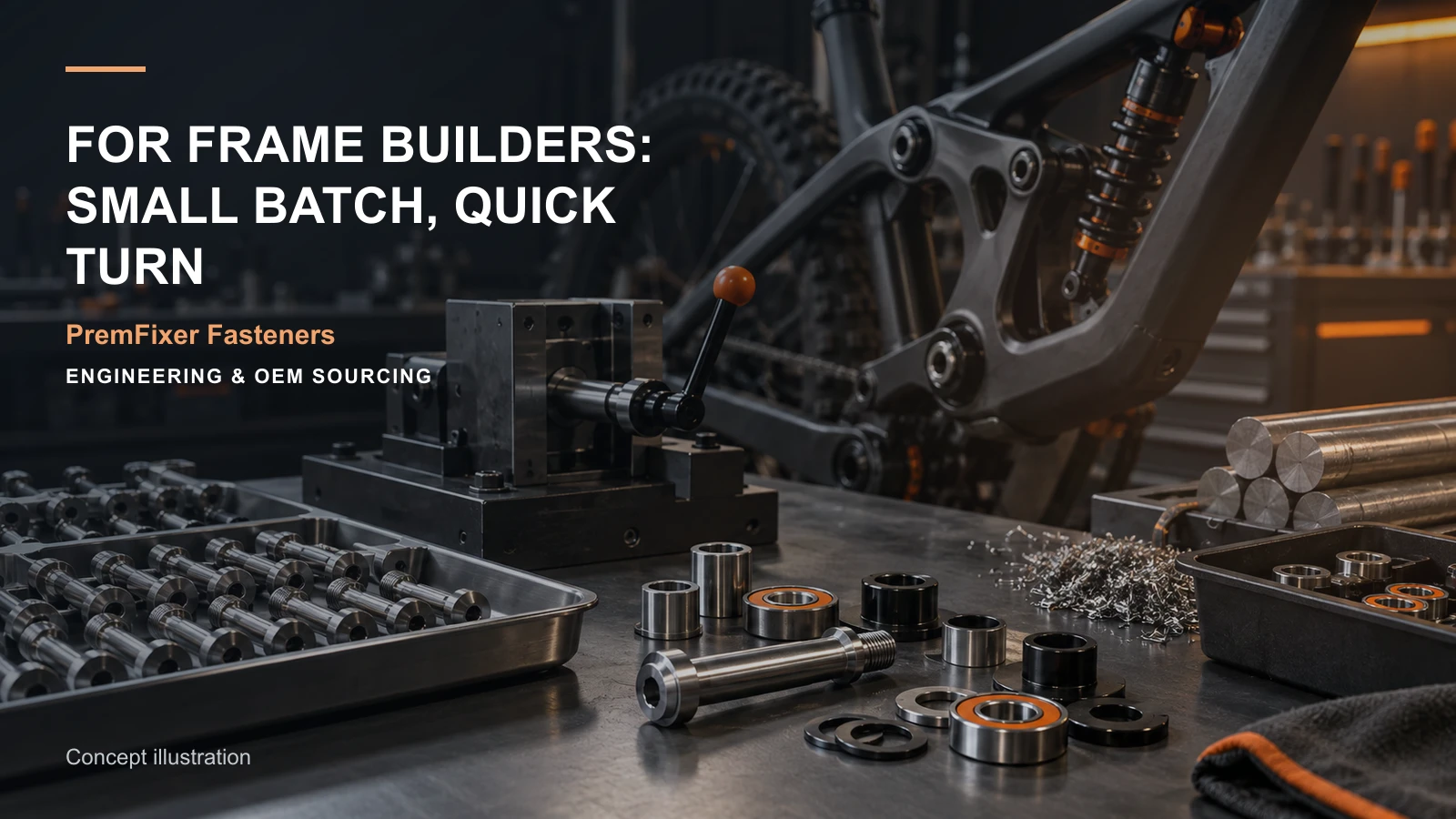 Editorial concept for quick-turn hardware for frame builders with cards for small-batch order matrix, sample milestone schedule, drawing-and-model input map.