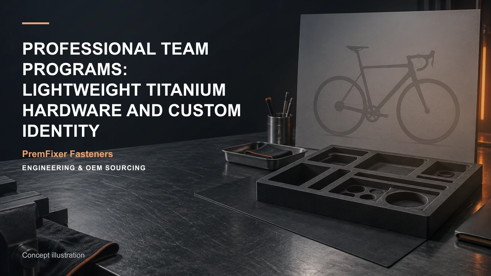 Conceptual engineering workspace introducing team-specific titanium kits for bicycle and electric-mobility OEM teams.