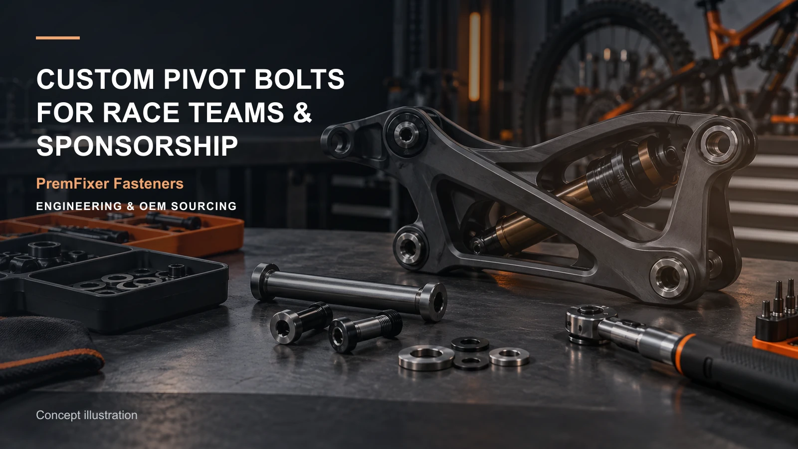 Editorial concept for race-team pivot development with cards for race development brief, lightweight design comparison, titanium option comparison.