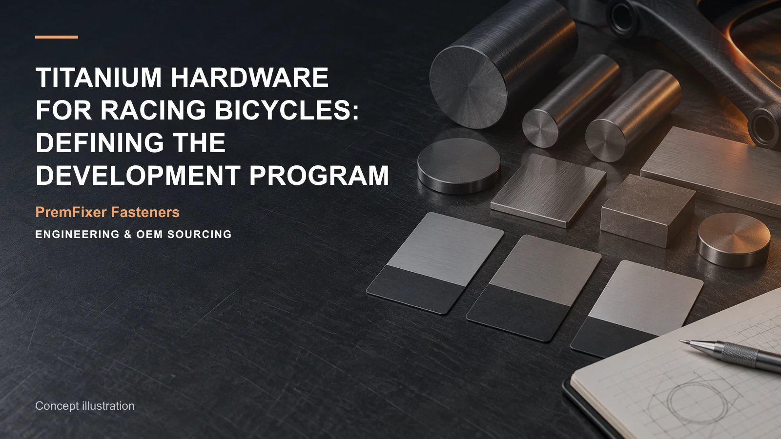 Conceptual engineering workspace introducing racing titanium hardware programs for bicycle and electric-mobility OEM teams.