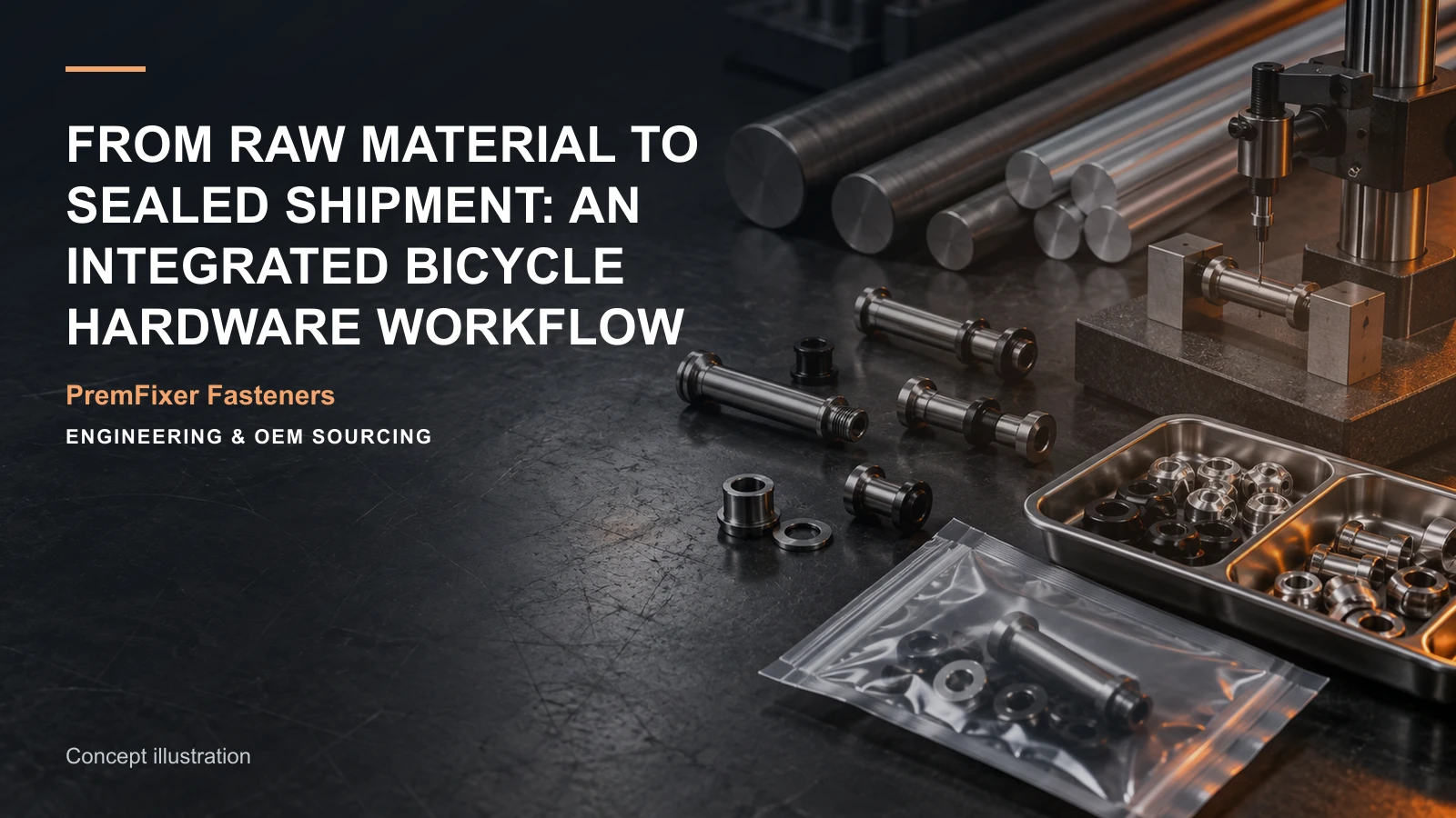 Concept illustration connecting raw stock, CNC work and surface treatment in a bicycle hardware project.