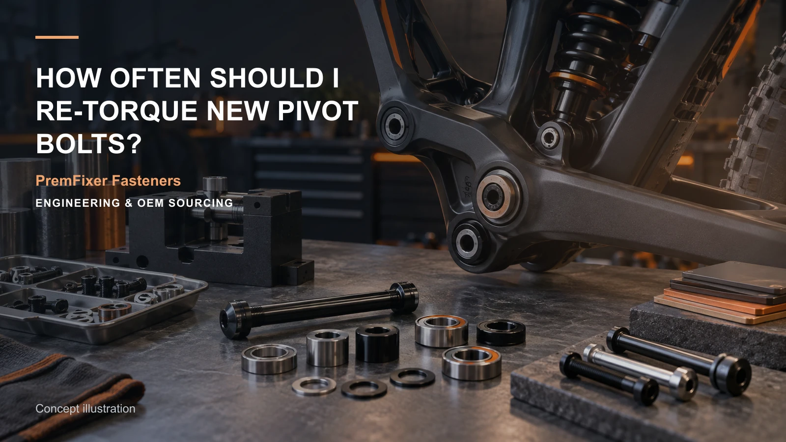 Editorial concept for re-torque guidance for new pivots with cards for maintenance decision guide, service and replacement decision, locking-method specification.