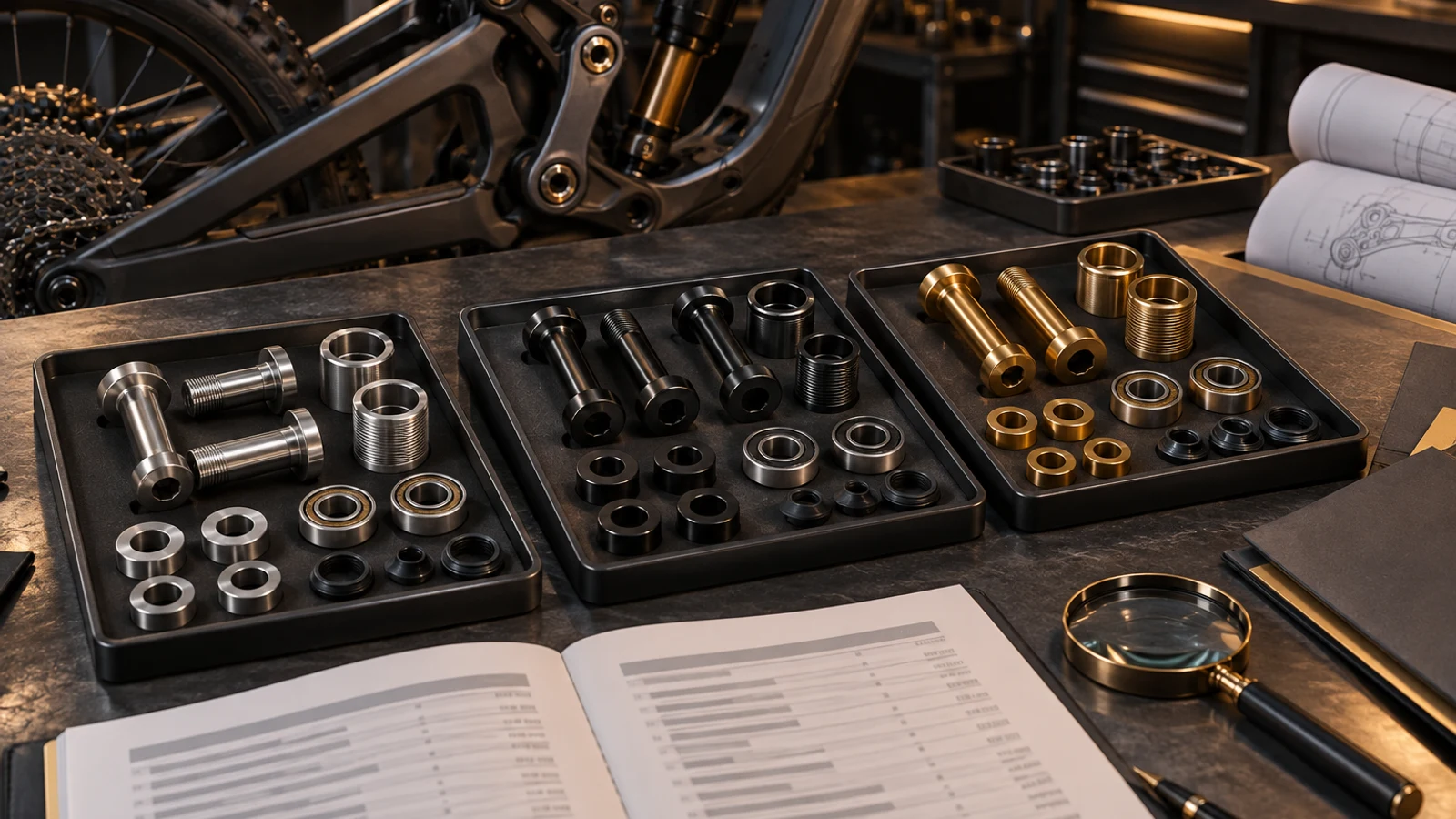 Concept REACH information review with separate pivot hardware variants, spacers, seals, linkage and abstract BOM sheets; no chemical test, detected substance or compliance approval shown.