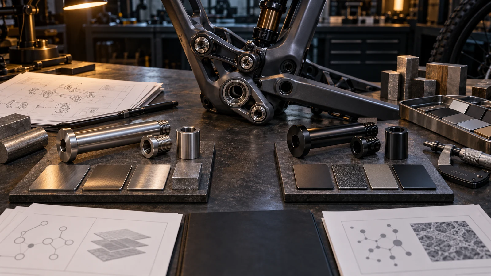 Concept comparison of two pivot-hardware configurations, stock samples and finish panels beside a suspension linkage, not a REACH assessment or validated replacement.
