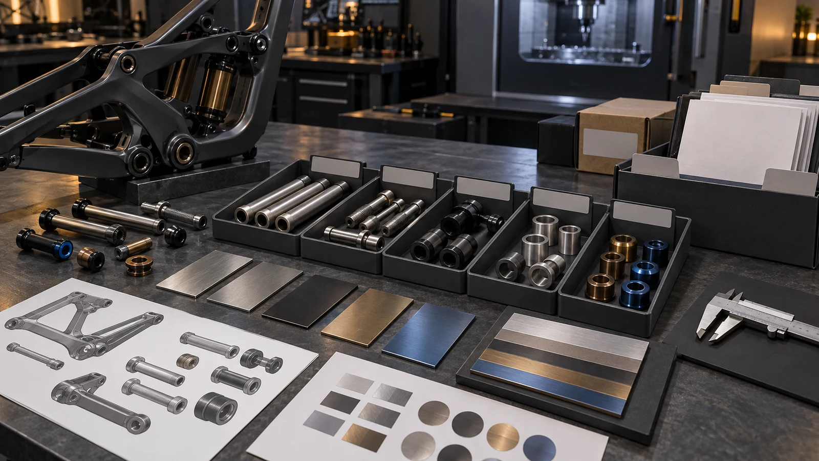 Concept illustration of differently finished pivot hardware, separate surface coupons, packaging and blank document folders; no REACH or RoHS certificate, analysis result or compliance mark is represented.
