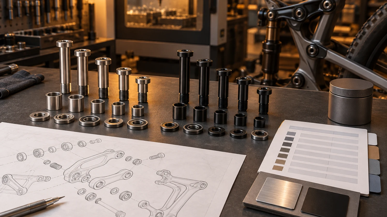 Concept silver and dark-finished pivot components with separate material and finish review sheets, not actual chemical testing, SVHC-free proof or a compliance certificate.