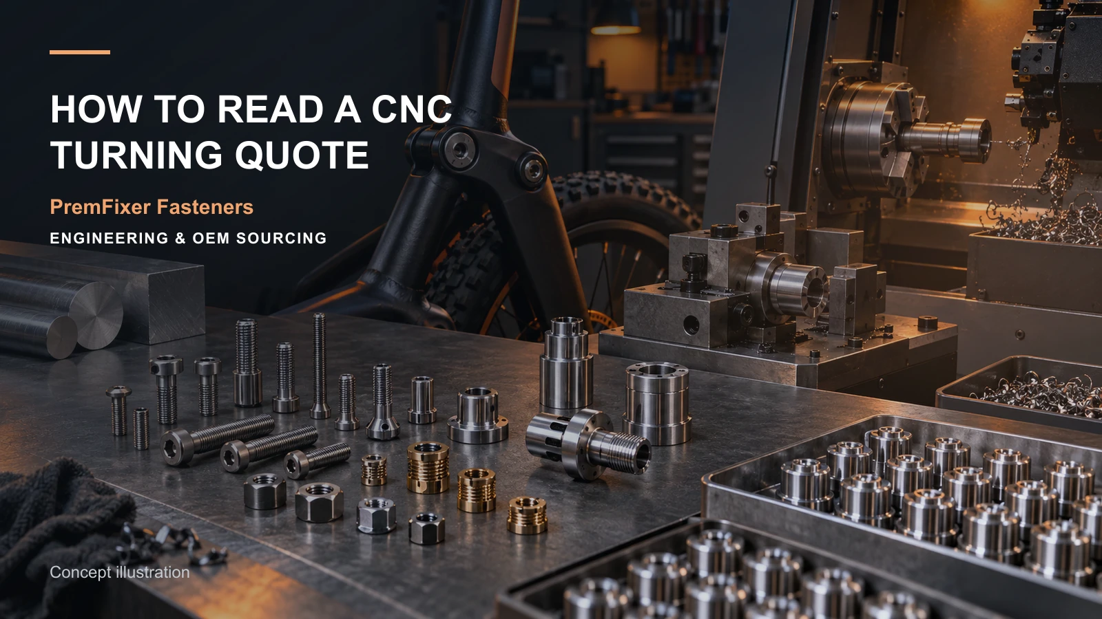 Editorial concept for reading a CNC turning quotation with cards for quote comparison table, comparable quantity-price model, workholding concept and setup record.