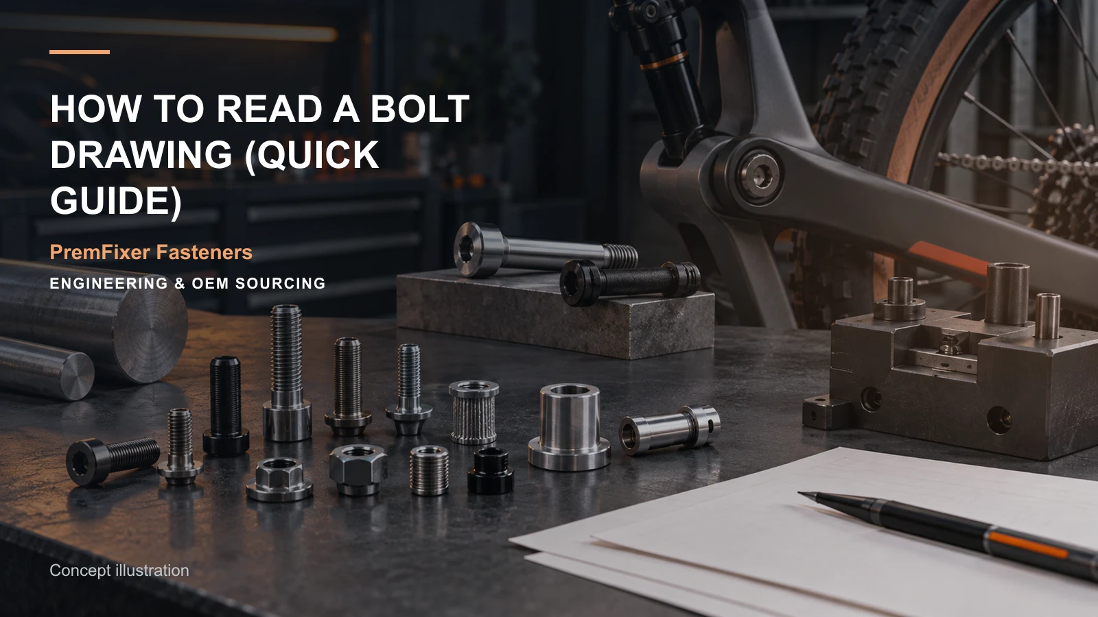 Editorial concept for reading a custom bolt drawing with cards for drawing-and-model input map, feature-to-inspection map, thread callout map.
