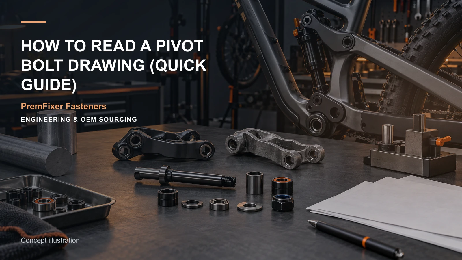 Editorial concept for reading a pivot bolt drawing with cards for drawing-and-model input map, feature-to-inspection map, thread callout map.