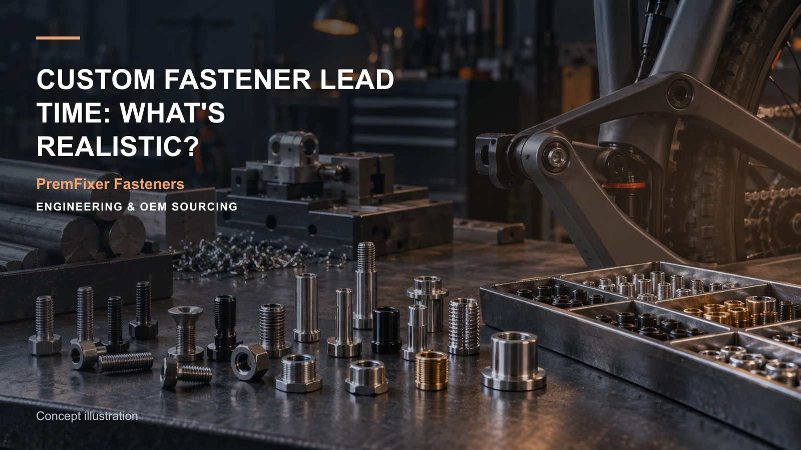 Editorial concept for realistic lead times for custom fasteners with cards for sample milestone schedule, capacity-to-delivery plan, material selection record.