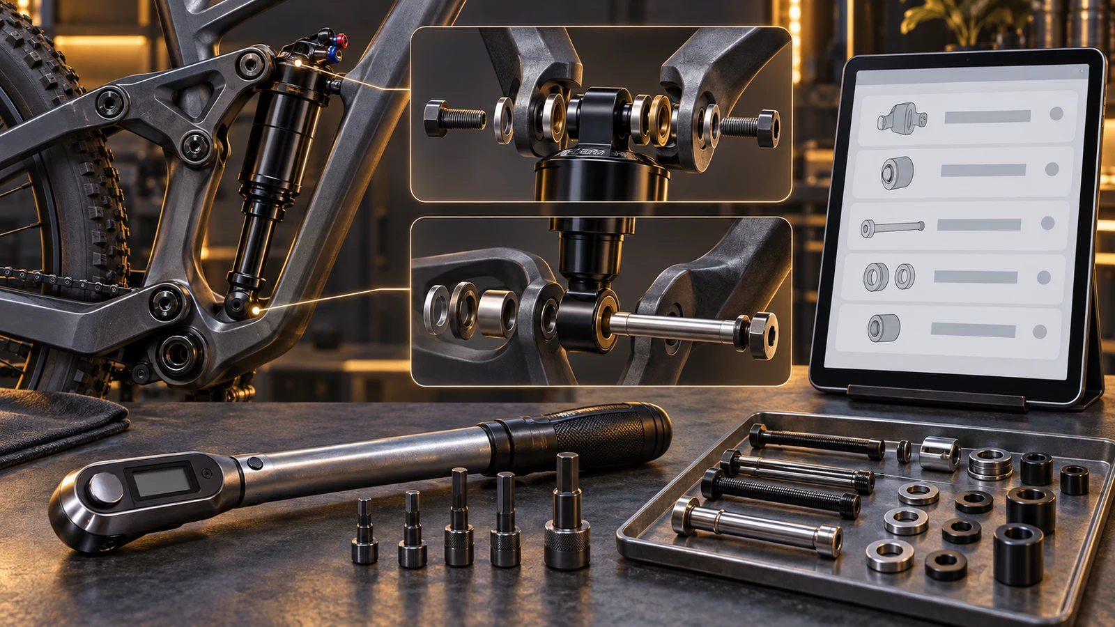 Concept rendering of distinct shock mounts, exploded hardware and a torque wrench with no numerical setting or approved installation shown