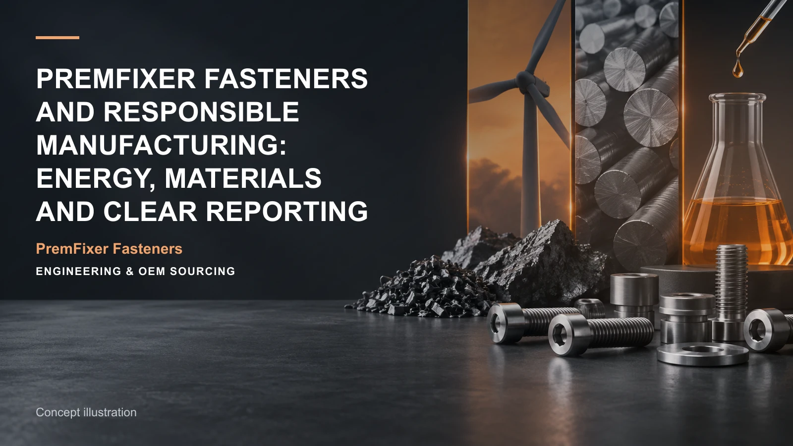 Concept illustration for PremFixer Fasteners and Responsible Manufacturing: Energy, Materials and Clear Reporting.