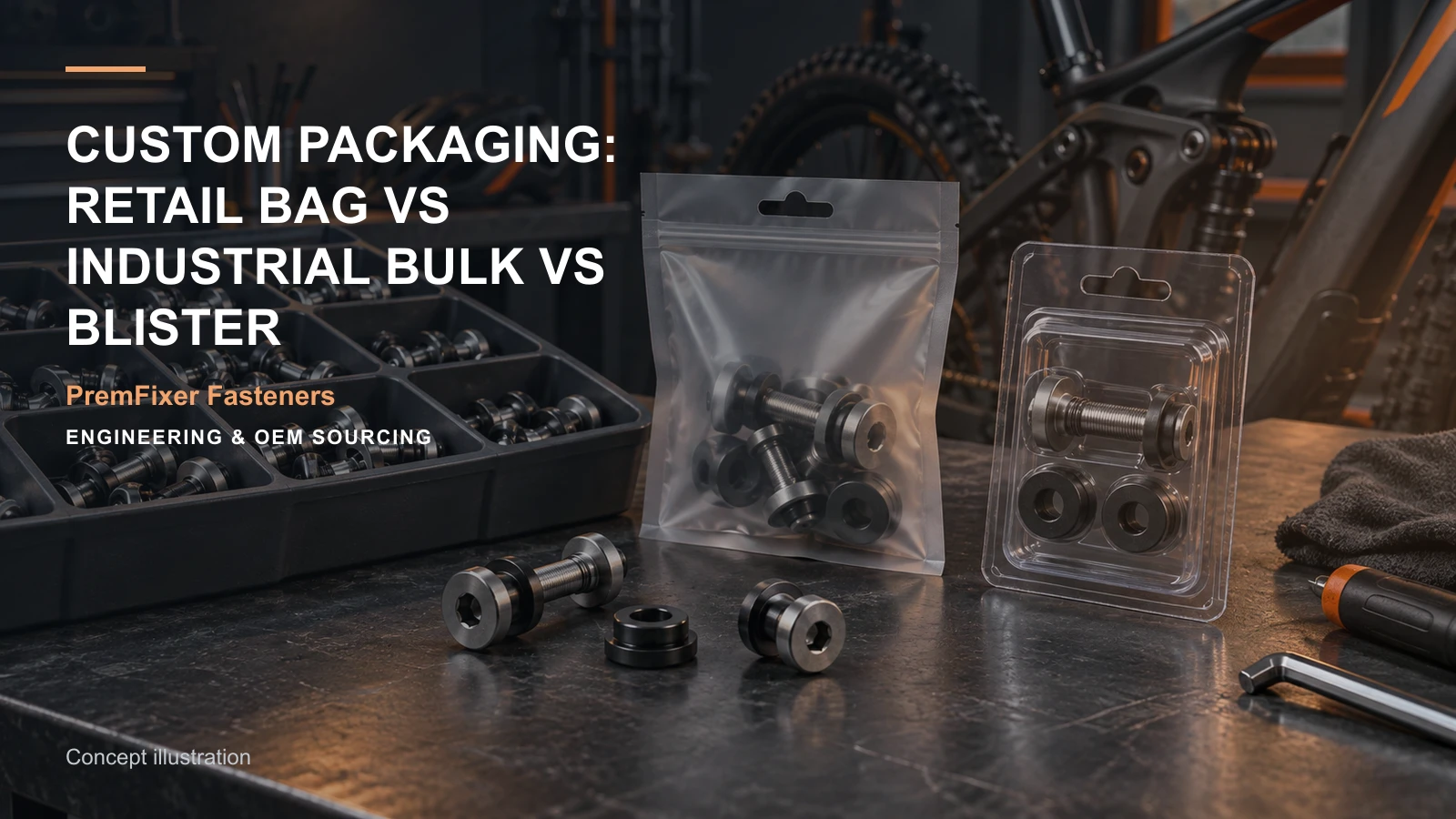 Editorial concept for retail bulk and blister hardware packaging with cards for packaging selection table, sku release map, private-label scope table.