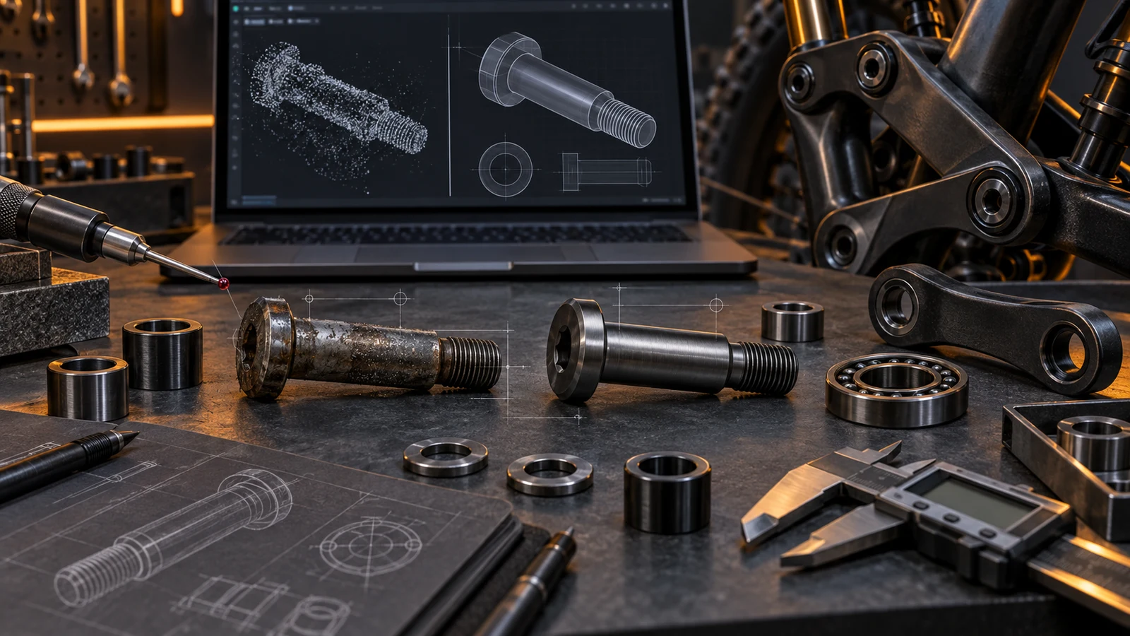 Concept engineering bench with a worn pivot sample, mating components, measurement tools and a qualitative CAD reconstruction; not an actual inspection or approved drawing.