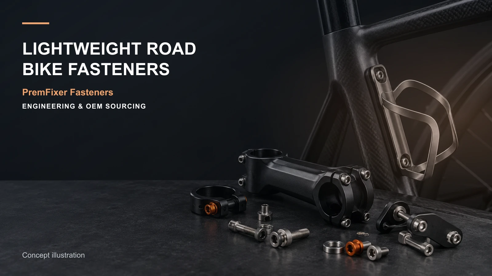 Lightweight road-bike fastener concepts in titanium, steel and aluminum beside a frame and component joint.