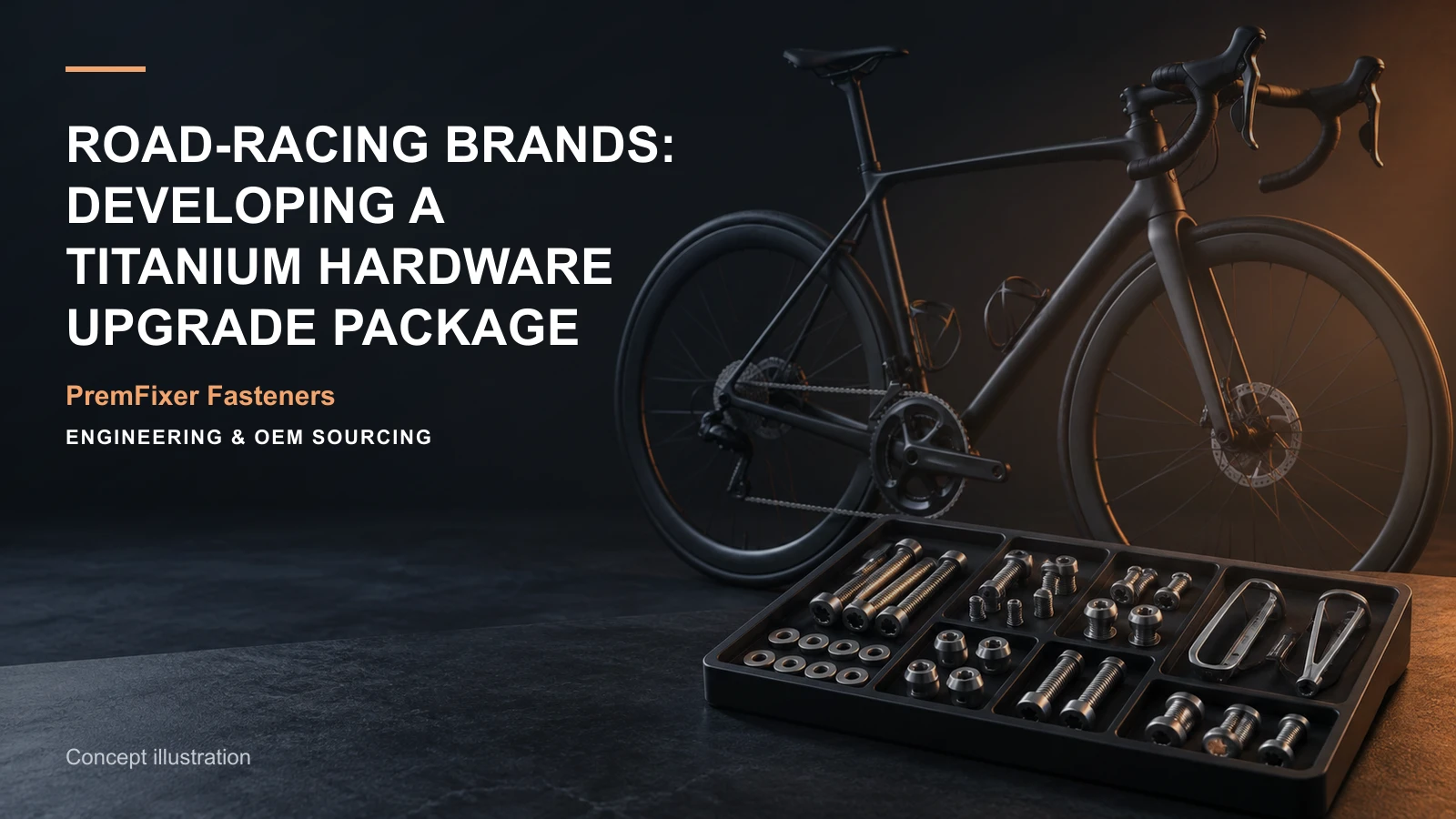 Conceptual engineering workspace introducing road-racing titanium hardware for bicycle and electric-mobility OEM teams.