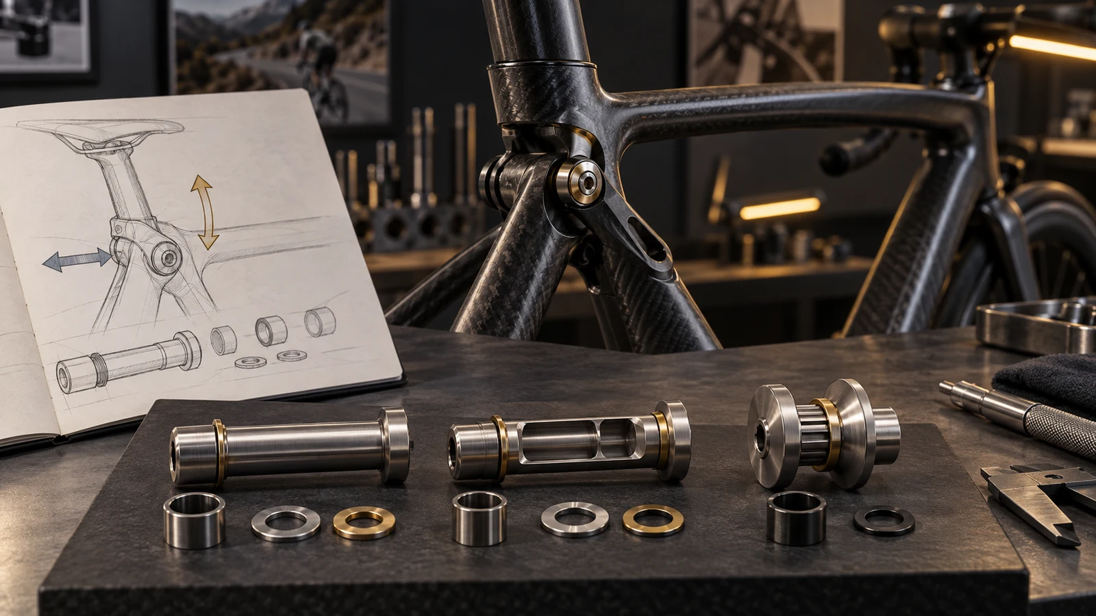 Conceptual road frame seat-area mechanism and solid, hollow and flanged hardware candidates illustrating a directional stiffness review, not measured prototypes.
