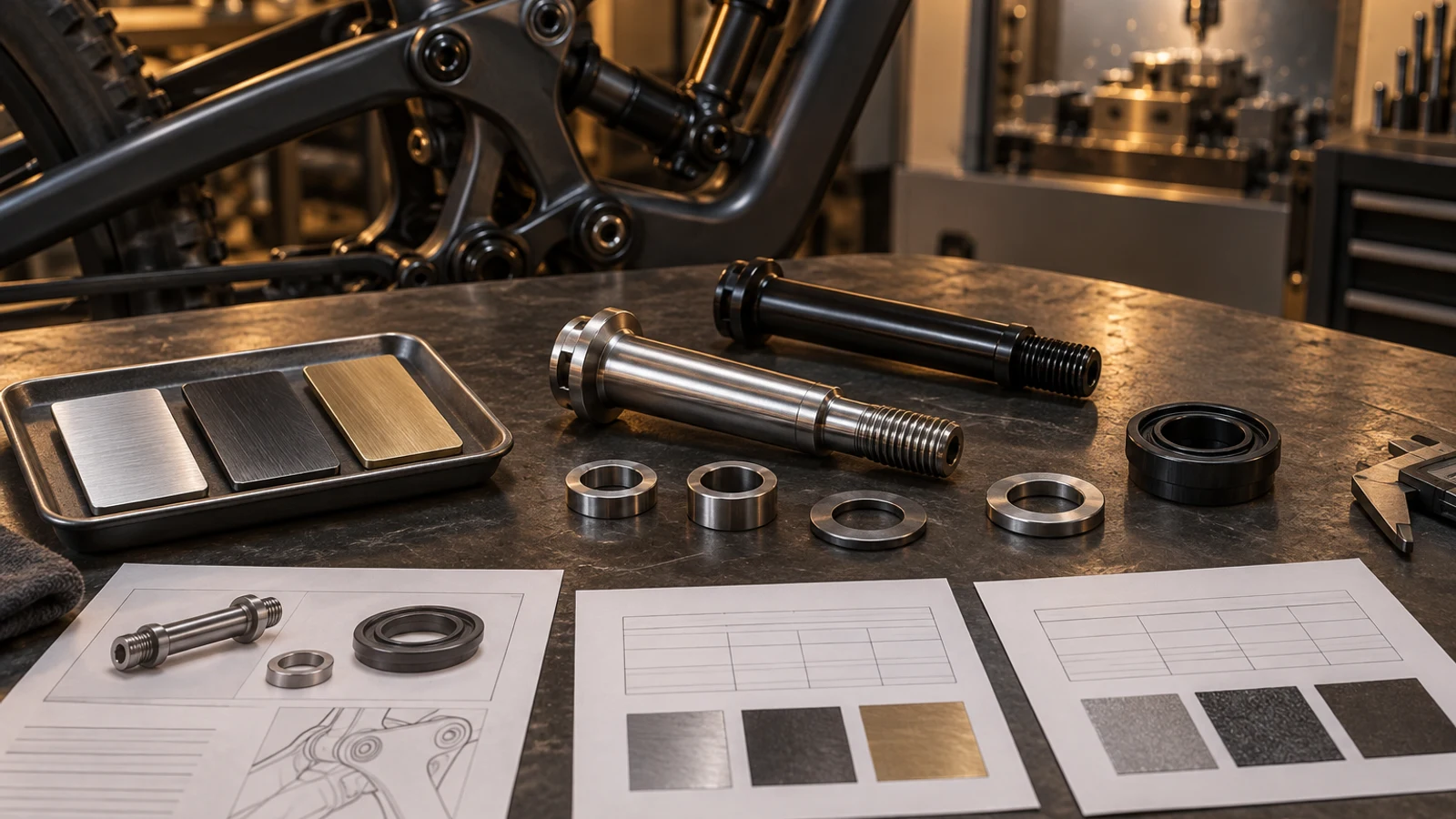 Concept pivot axle, separate metallic finish coupons, a seal and organized supplier review sheets, not actual RoHS testing or a compliance certificate.
