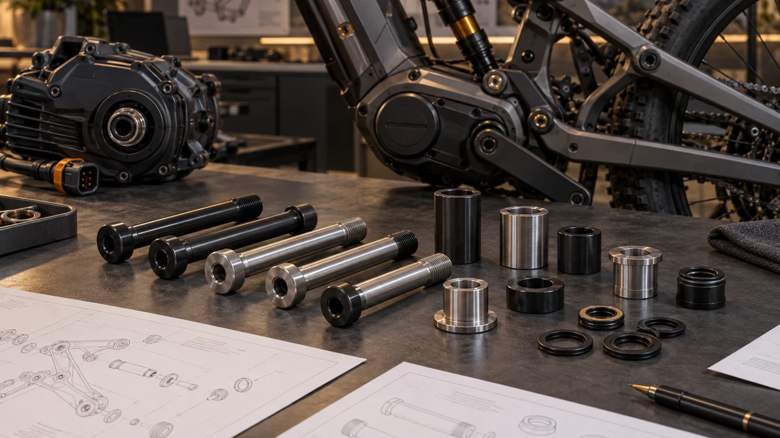 Concept e-bike component-information review with unpowered motor housing, suspension linkage, pivot bolts, spacers and seals beside abstract BOM drawings; no RoHS test result or marking approval shown.