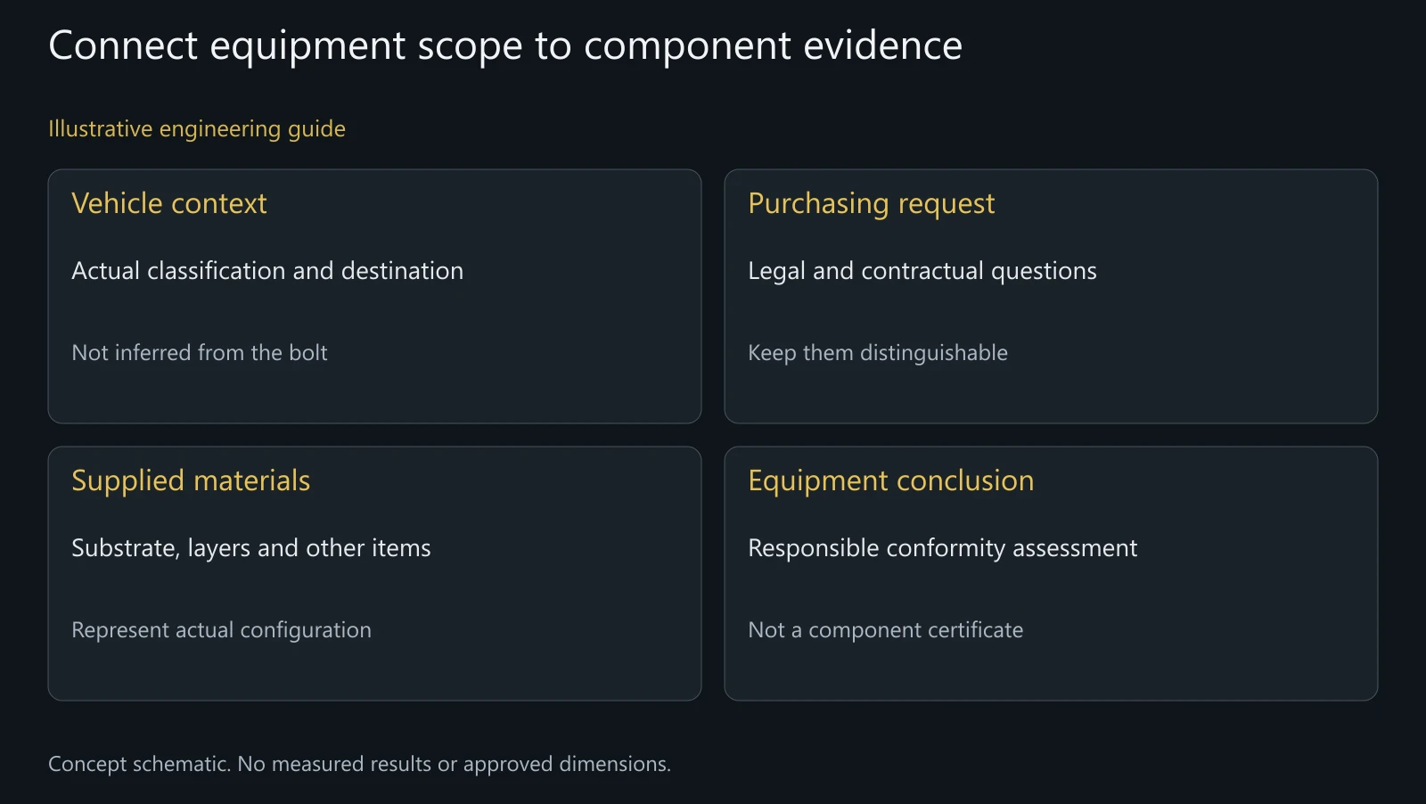 Concept RoHS scope map connecting vehicle context, component information and equipment assessment; no legal classification or approval determined.