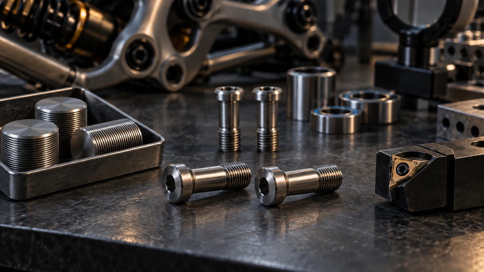 Concept comparison of matching titanium pivot bolts, externally grooved rolling-tool forms and a threading tool, not actual production or fatigue testing