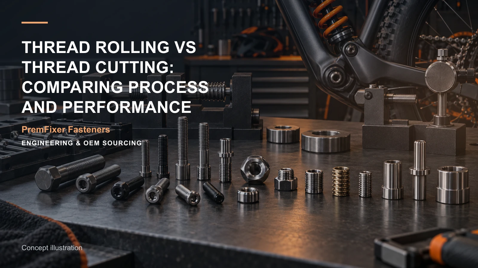 Editorial concept for rolled versus cut thread performance with cards for thread-route comparison, thread callout map, material selection record.