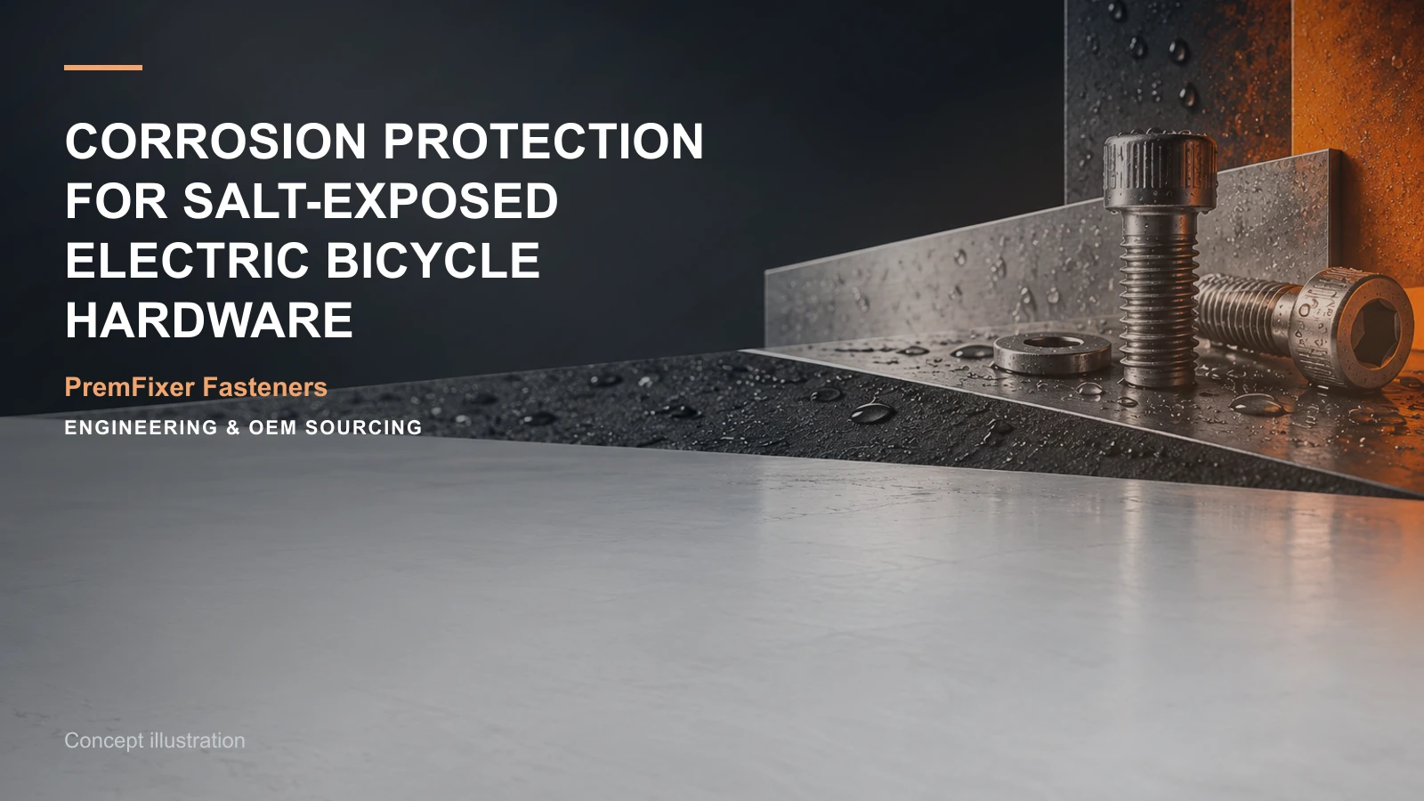 Concept illustration for Corrosion Protection for Salt-Exposed Electric Bicycle Hardware.