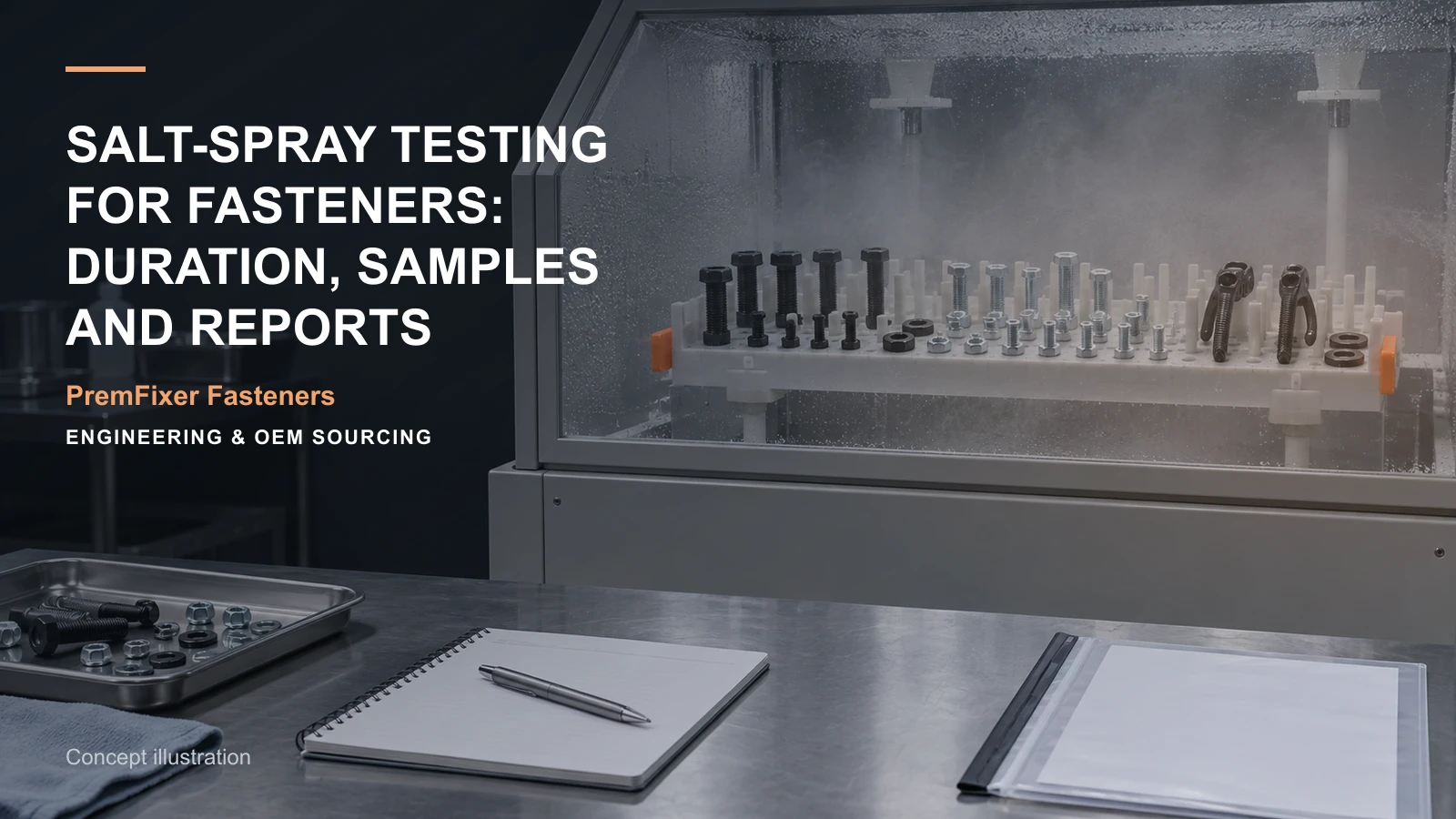 Conceptual engineering workspace introducing salt-spray testing of fasteners for bicycle and electric-mobility OEM teams.