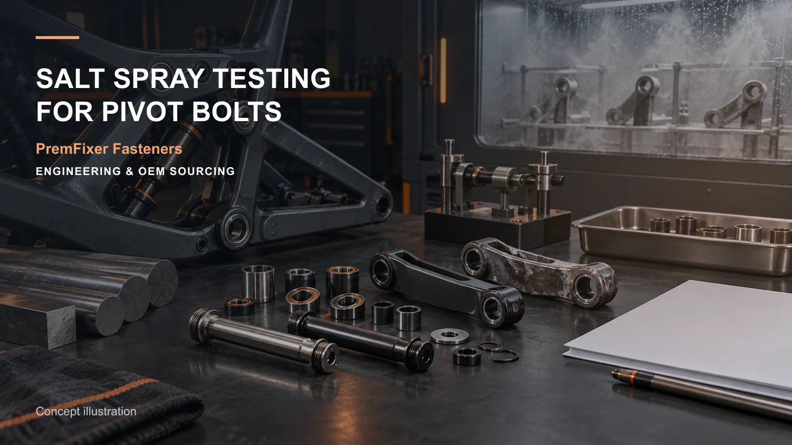 Editorial concept for salt-spray testing of pivot hardware with cards for corrosion-test interpretation table, finish selection table, corrosion-selection factors.