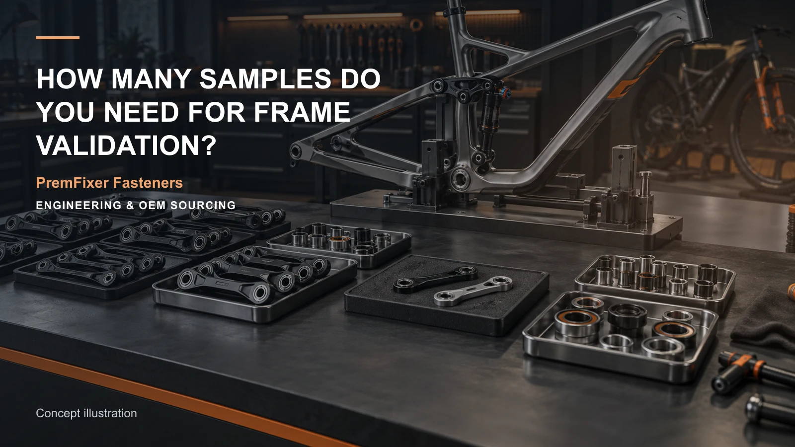 Editorial concept for sample allocation for frame validation with cards for sample allocation table, first-article report structure, prototype fit-check record.