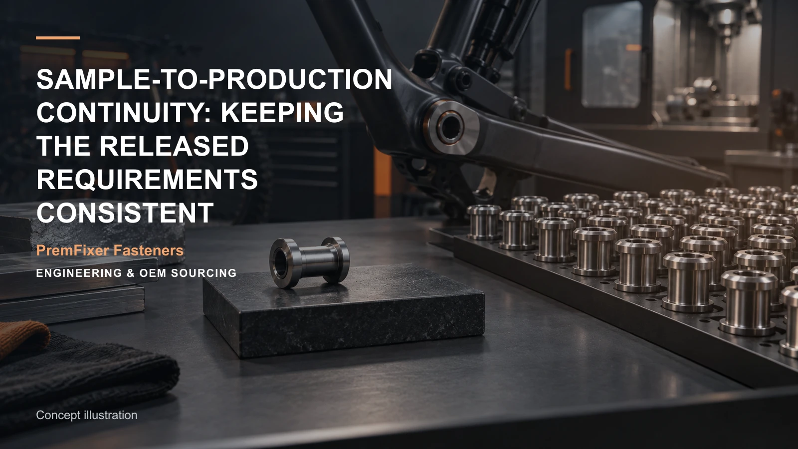 Editorial concept for sample and production continuity with cards for prototype-to-production handover, drawing-and-model input map, tool-action record.