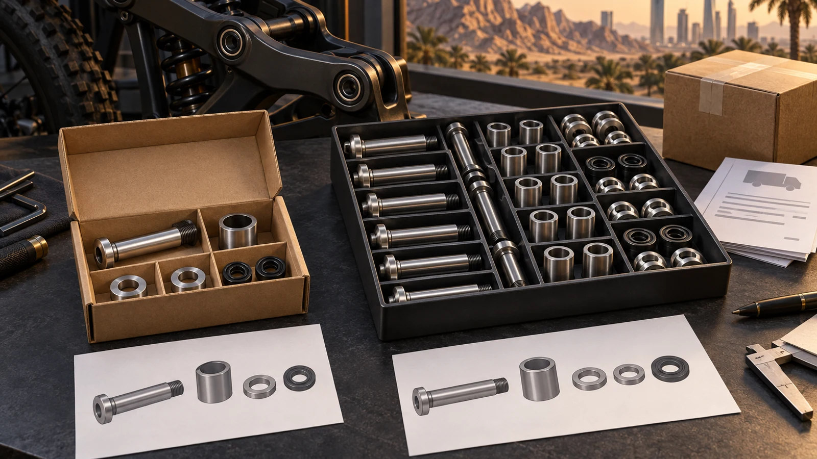 Concept comparison of an example pivot service kit and divided OEM component tray with separate neutral shipment documents, without Gulf or SASO marks, approved import status or in-stock products.