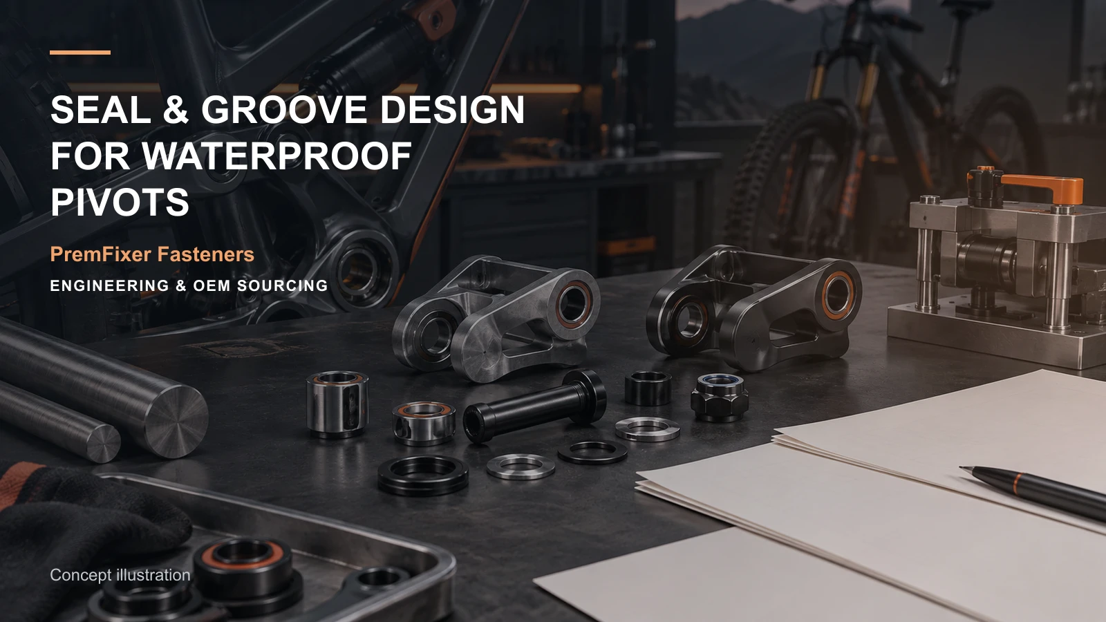Editorial concept for seals and grooves for pivot protection with cards for sealing-interface map, feature-to-inspection map, finish selection table.