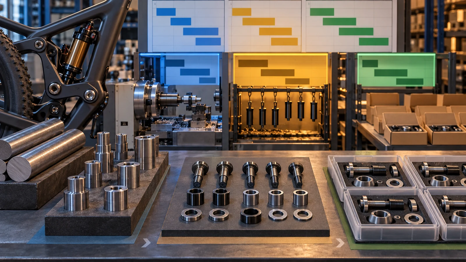 Concept pivot kit components, material forms and packaging beside a zoned abstract schedule, machining fixture and component rack; not actual reserved capacity, a customer forecast or guaranteed seasonal supply.