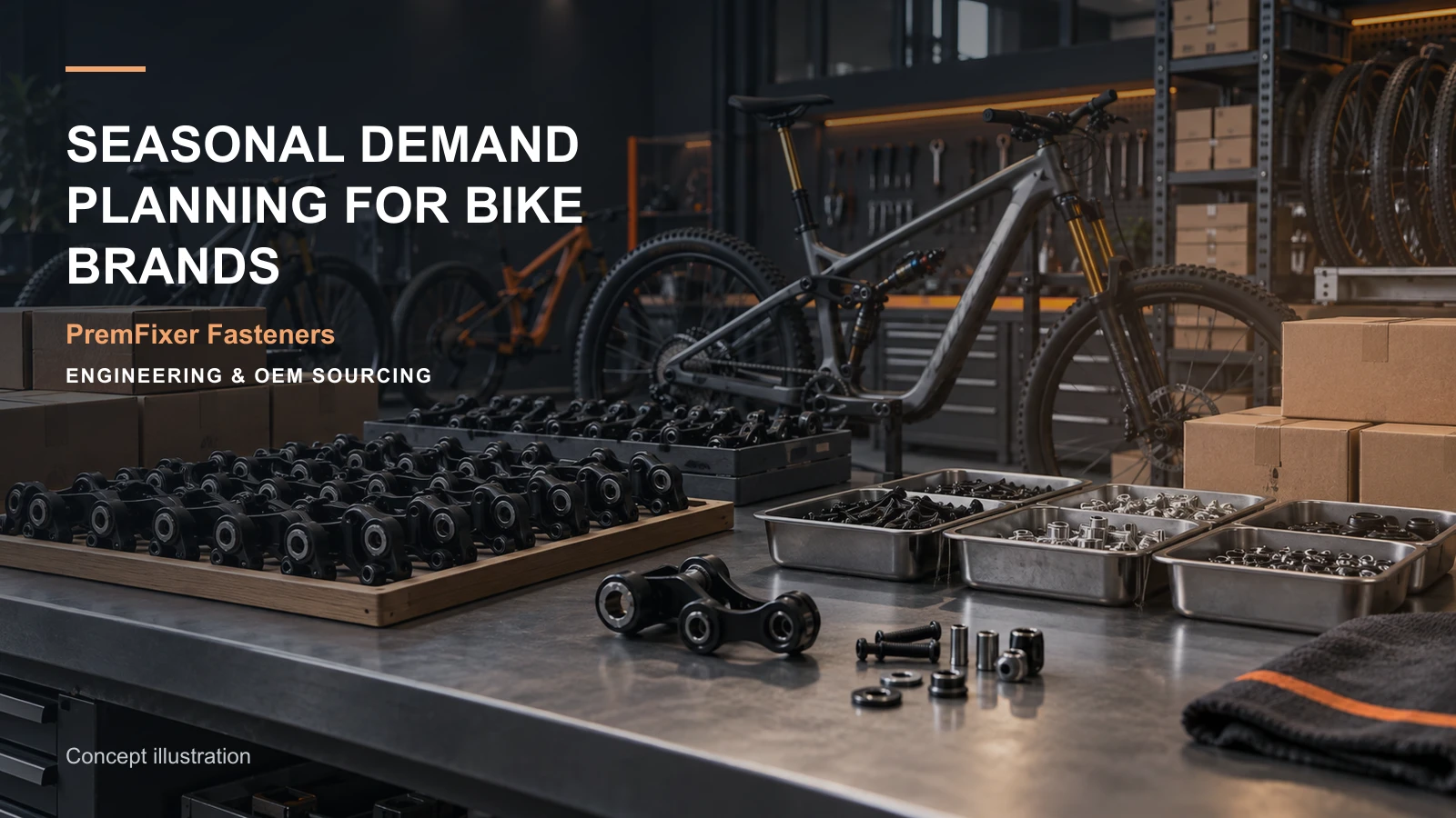 Editorial concept for seasonal bicycle hardware demand planning with cards for seasonal demand calendar, rolling-order responsibility map, stocking program terms.