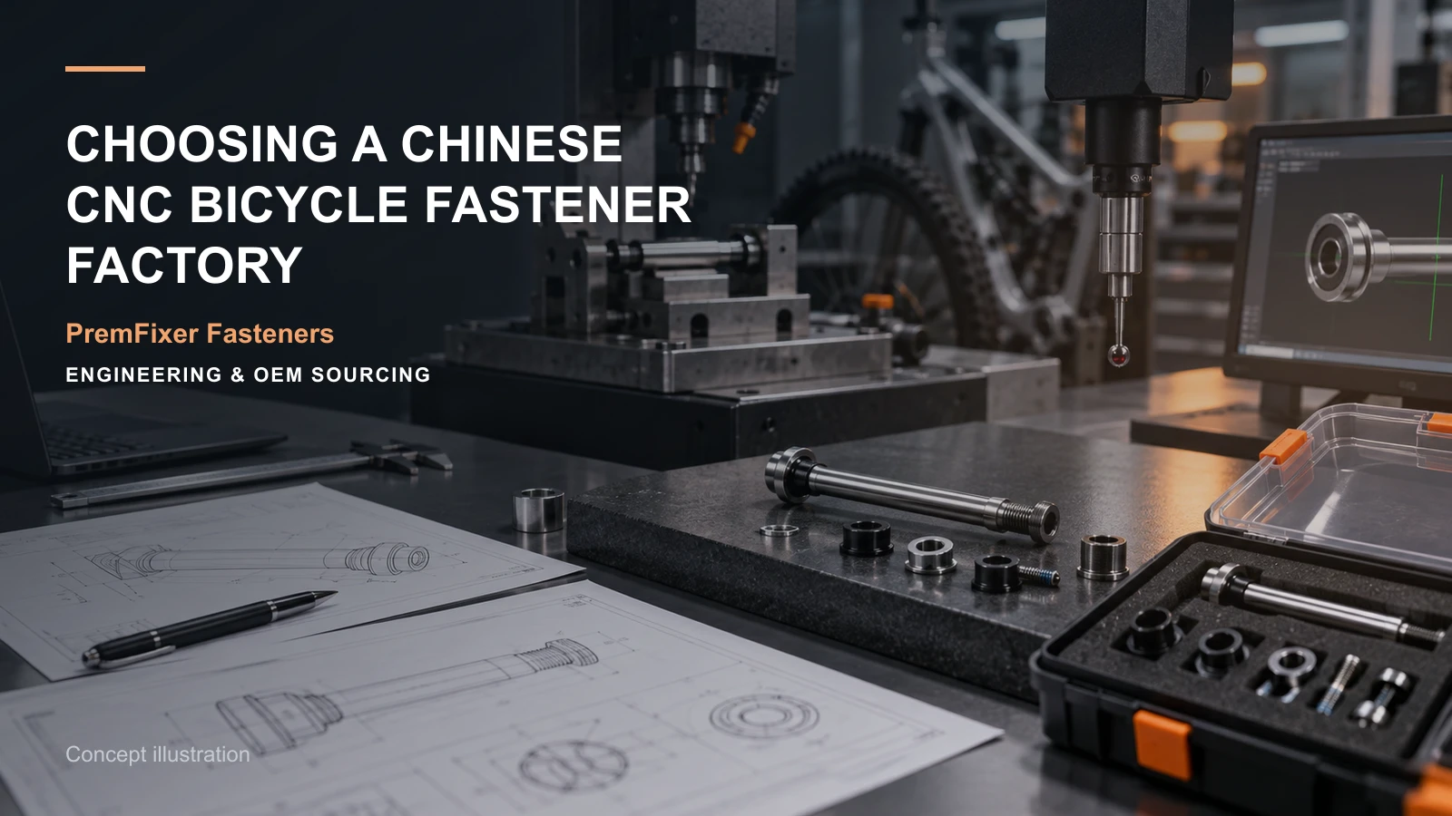 Chinese CNC bicycle fastener factory review showing drawing, turn-mill production, inspection and export-ready hardware.