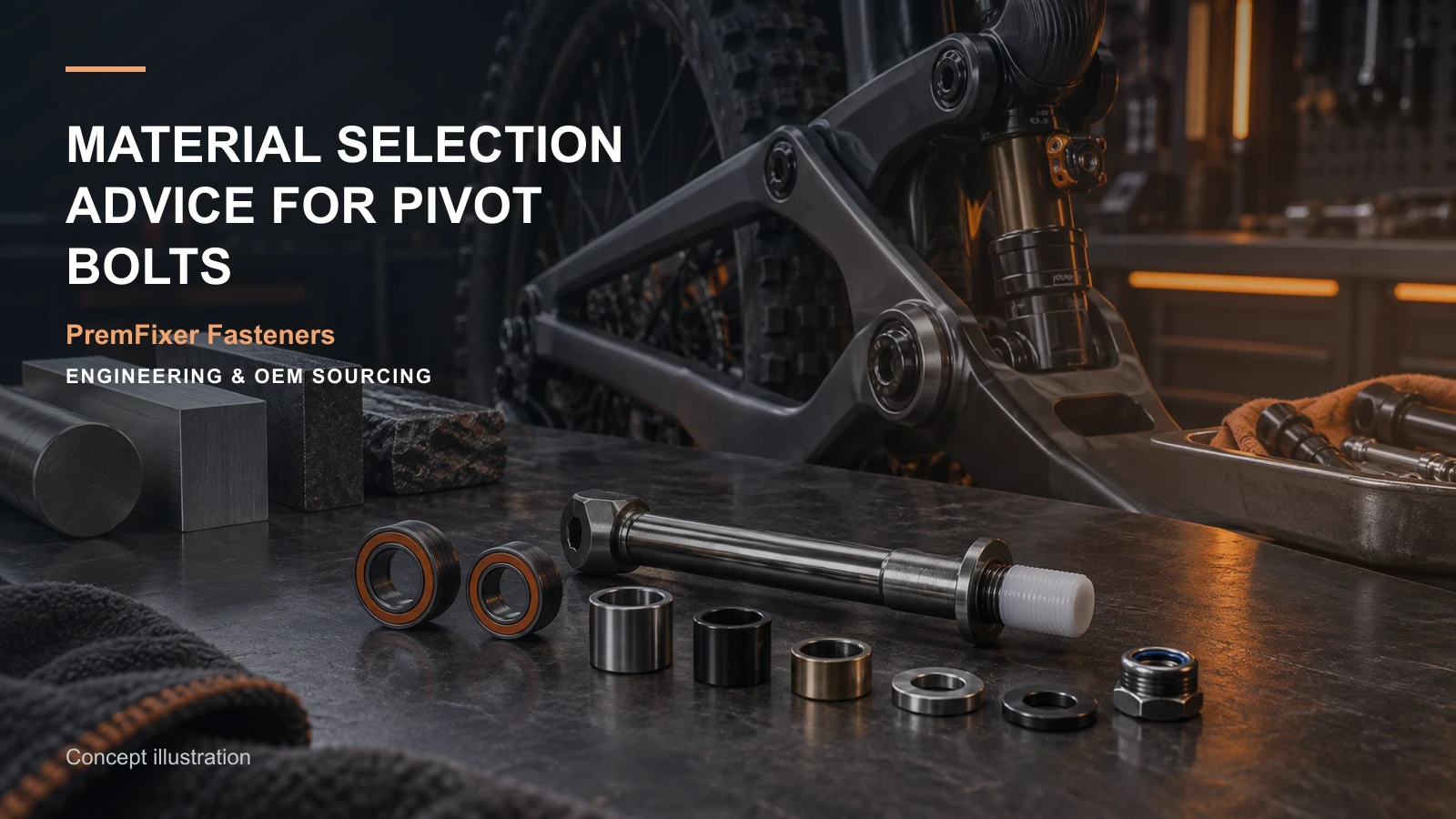 Editorial concept for selecting materials for pivot hardware with cards for material selection record, titanium option comparison, aluminum application review.
