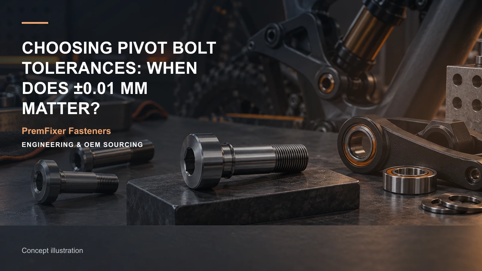 Editorial concept for selecting pivot tolerance rather than assuming it with cards for tolerance allocation map, fit-selection worksheet, assembly stack model.
