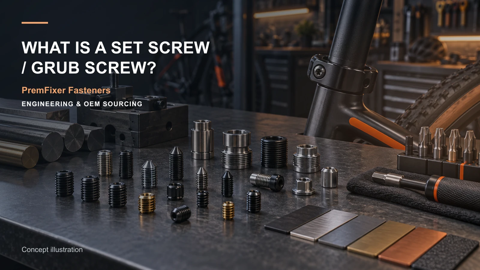 Editorial concept for set screws and grub screws with cards for set-screw selection table, thread callout map, service-access review sketch.