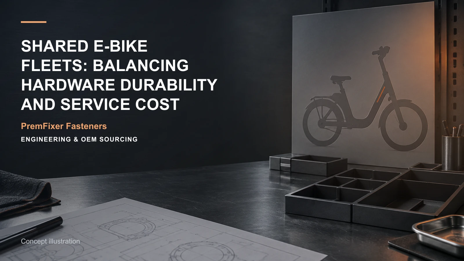 Conceptual engineering workspace introducing shared e-bike service hardware for bicycle and electric-mobility OEM teams.
