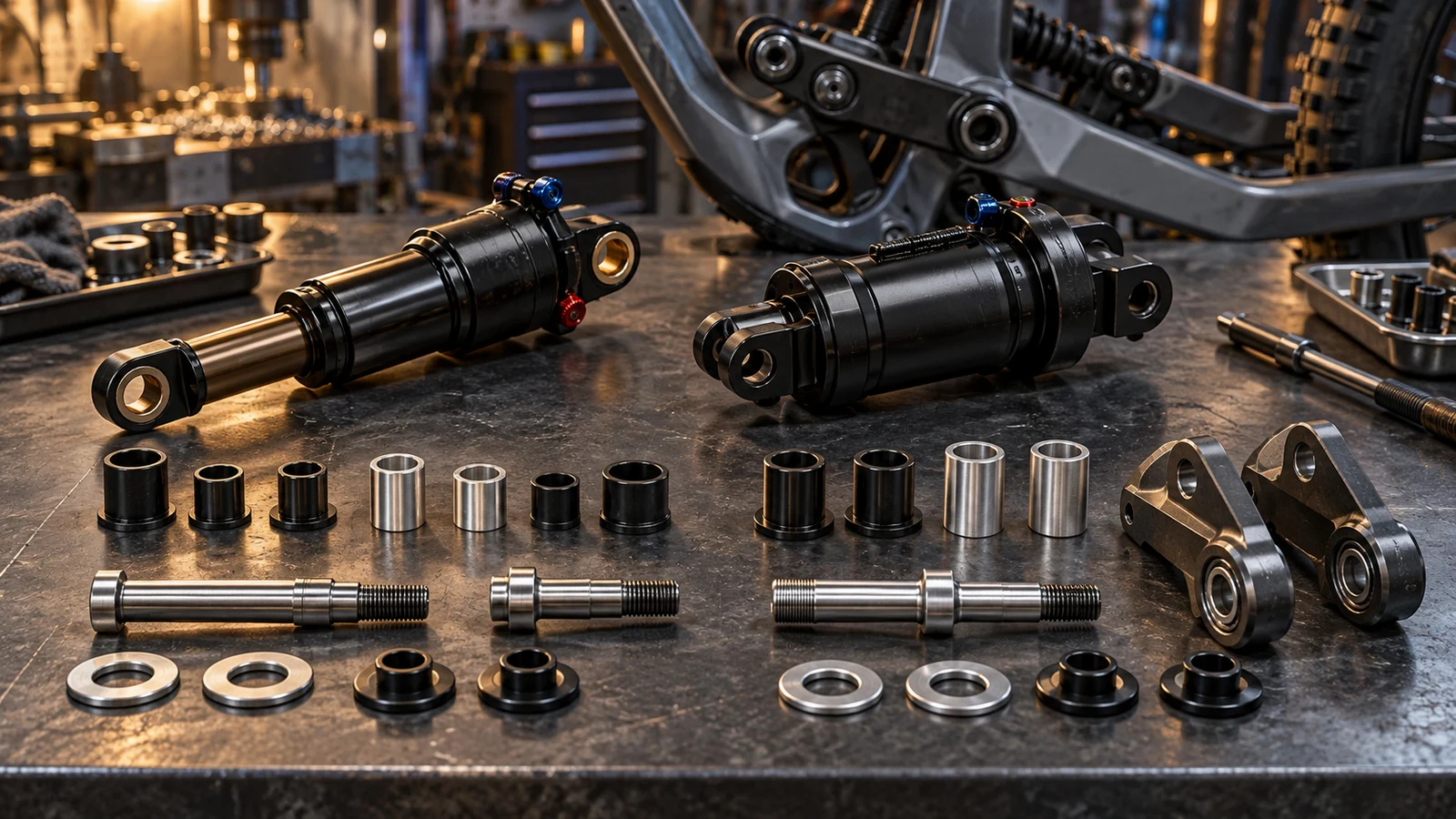 Concept arrangement of eyelet and trunnion shock interfaces with bolts, bushings and spacers, not a compatible or approved mounting kit