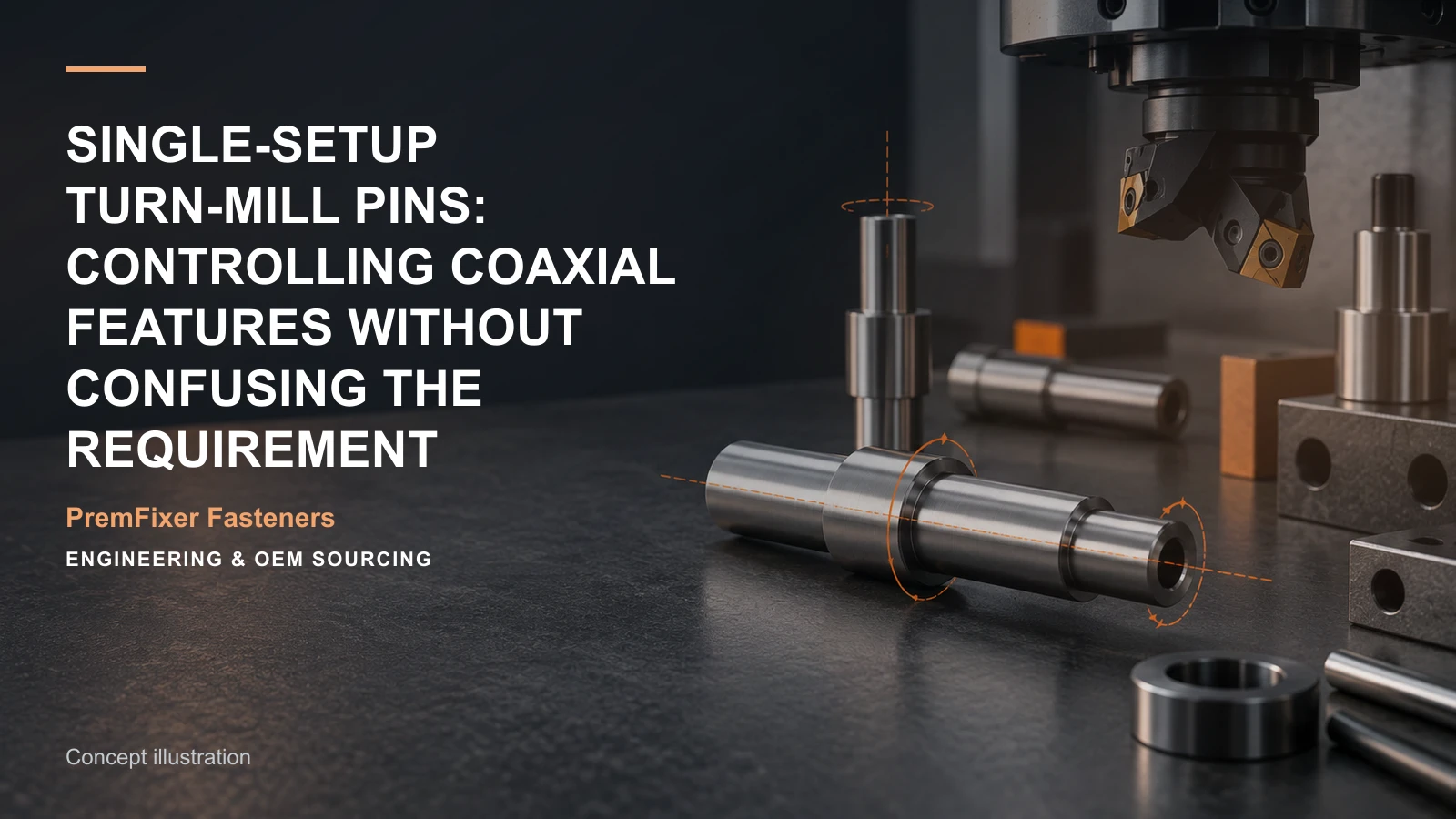 Concept illustration for Single-Setup Turn-Mill Pins: Controlling Coaxial Features Without Confusing the Requirement.