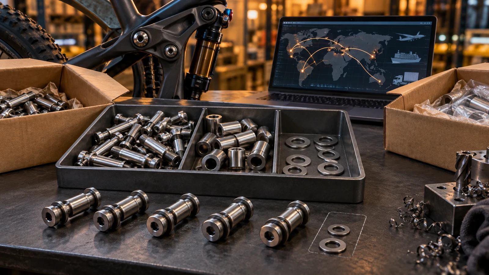 Concept arrangement of pivot bolts, sleeves, washers, hardware sets and an incomplete tray position beside neutral delivery boxes; not actual inventory, an approved sourcing arrangement or a guaranteed recovery result.
