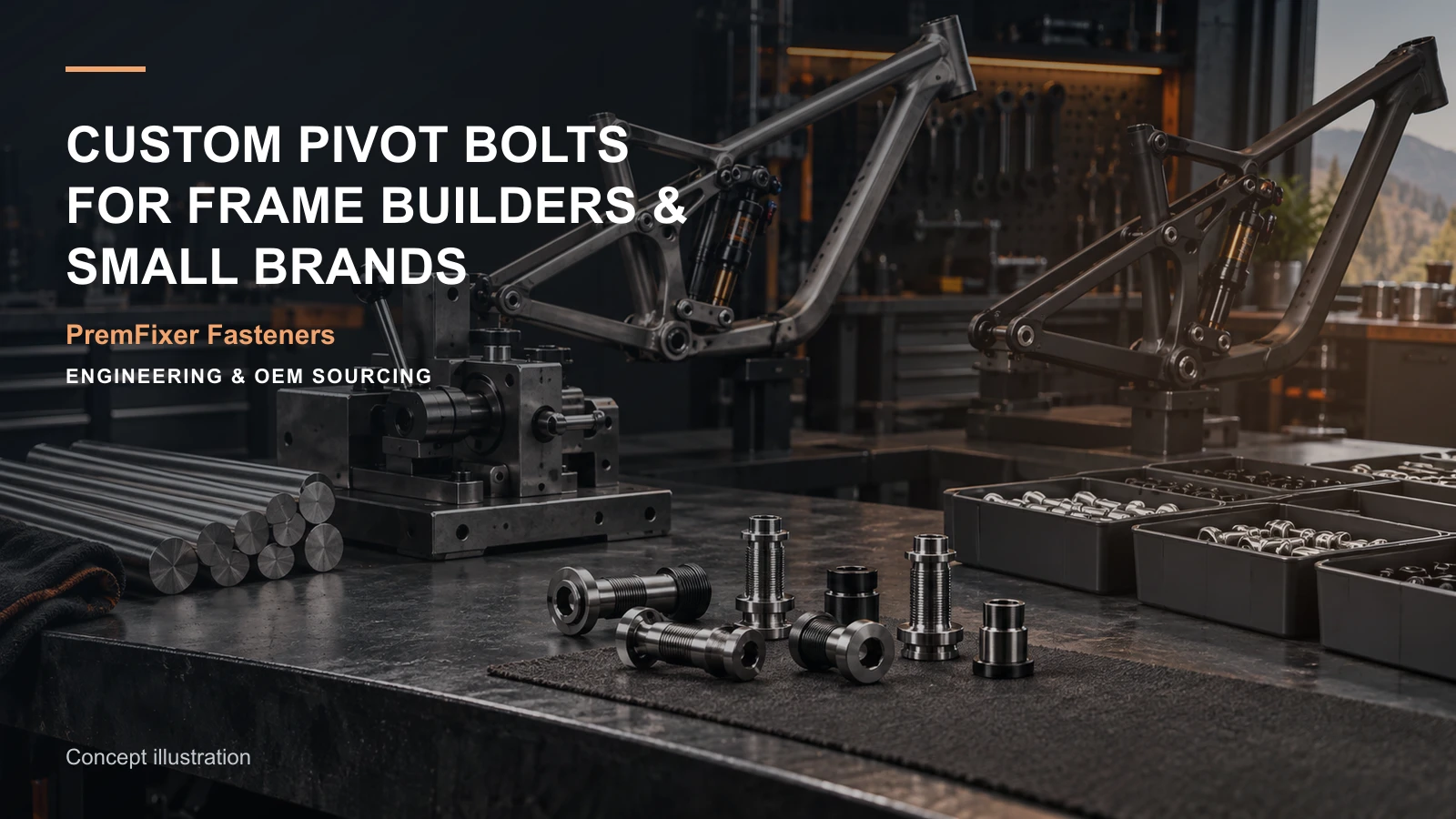 Editorial concept for small-brand pivot manufacturing with cards for small-batch order matrix, drawing-and-model input map, dfm change table.