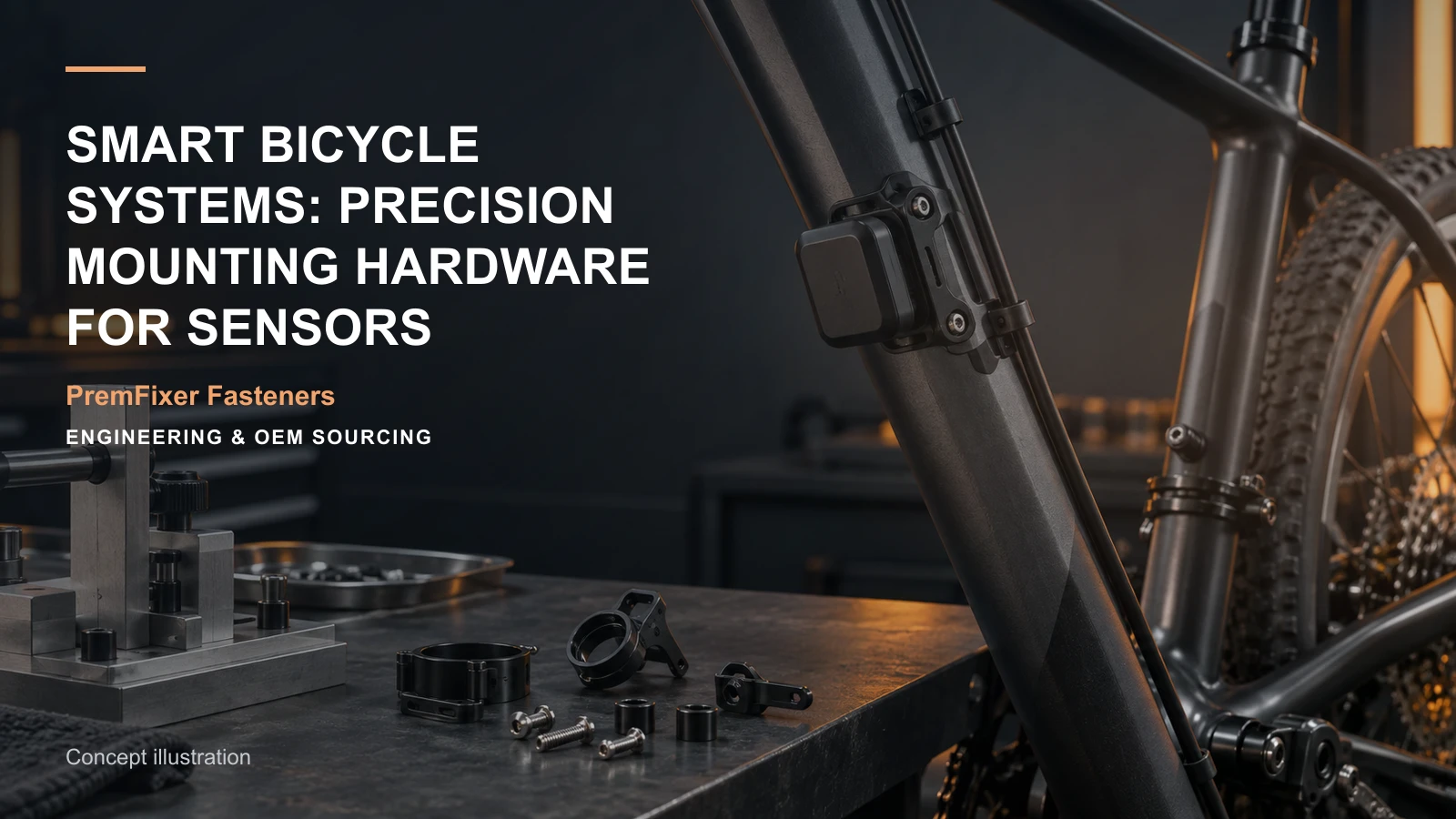Conceptual engineering workspace introducing bicycle sensor mounting hardware for bicycle and electric-mobility OEM teams.