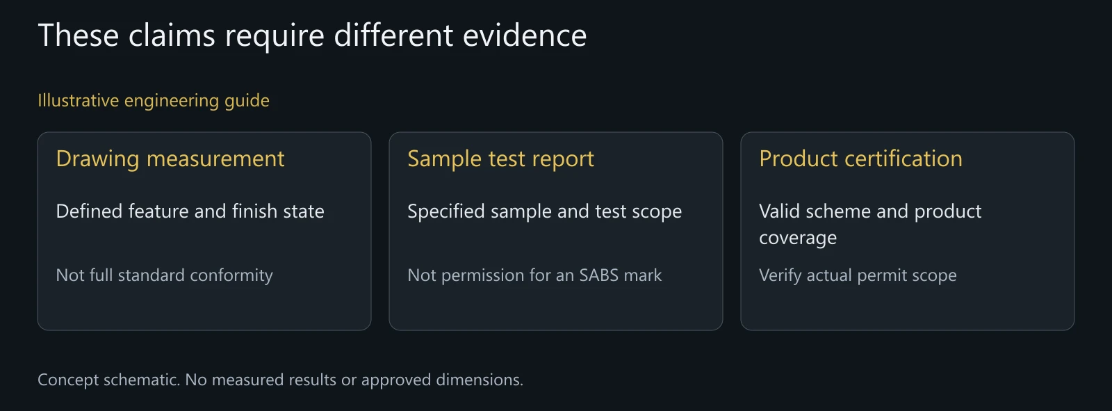 Illustrative distinction between drawing measurements, a sample report and product certification, not certification evidence for the depicted parts.