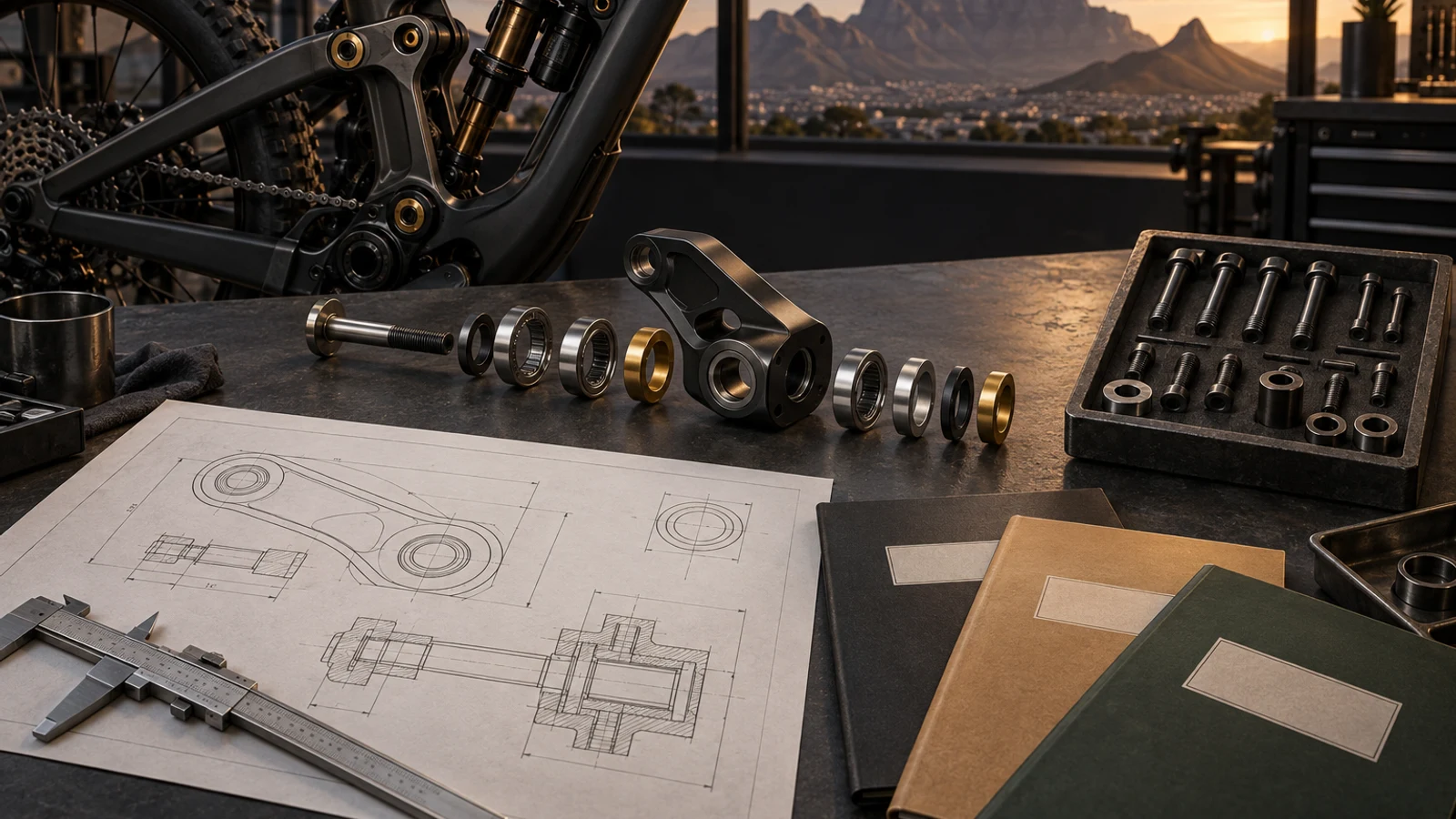 Concept rendering of a bicycle pivot interface, shoulder bolts, bearings, spacers and separate neutral technical documents; not SABS-certified products, a factory test or available stock.