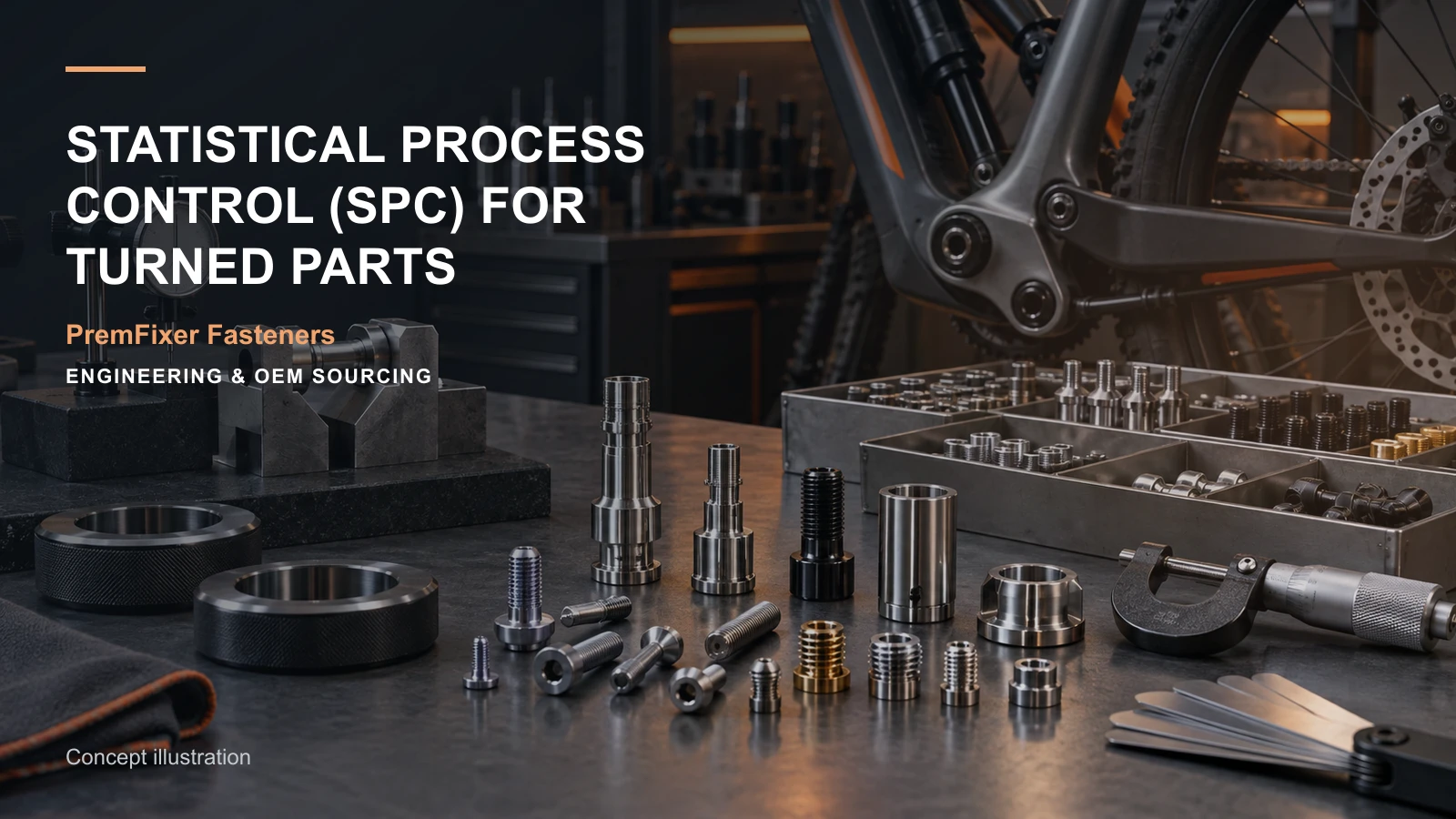 Editorial concept for SPC for CNC turned components with cards for spc interpretation guide, in-process check schedule, tool-action record.