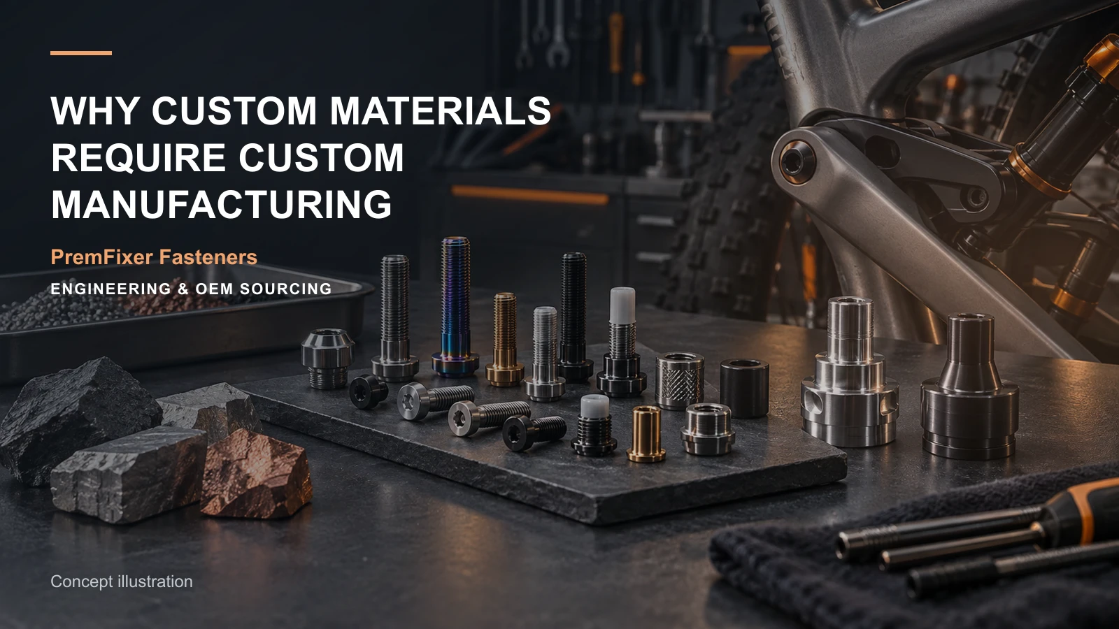 Editorial concept for special materials and custom processing with cards for material selection record, titanium option comparison, polymer-part specification.