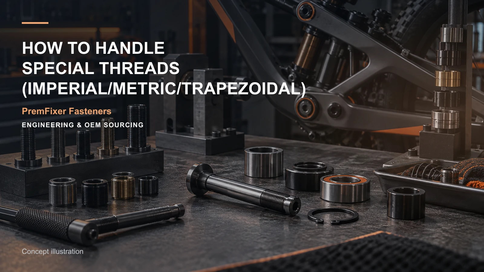 Editorial concept for special thread forms on pivot hardware with cards for special-thread input specification, thread callout map, workholding concept and setup record.